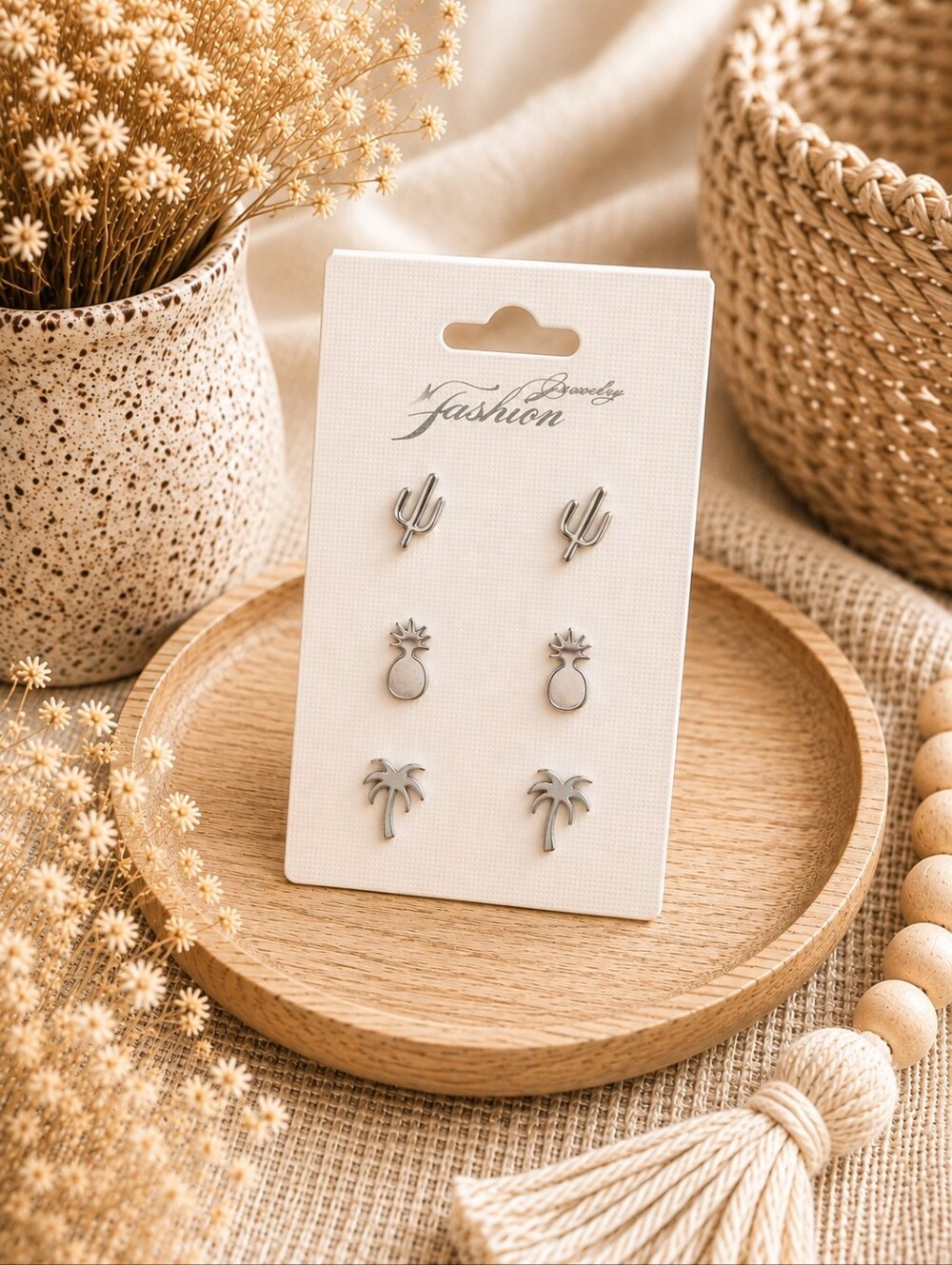 Jewelry Silver Tropical Stud Earring Set - Cactus, Pineapple & Palm